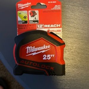 Tape measure 25 ft Milwaukee. Impact resistant with 12 ft reach.